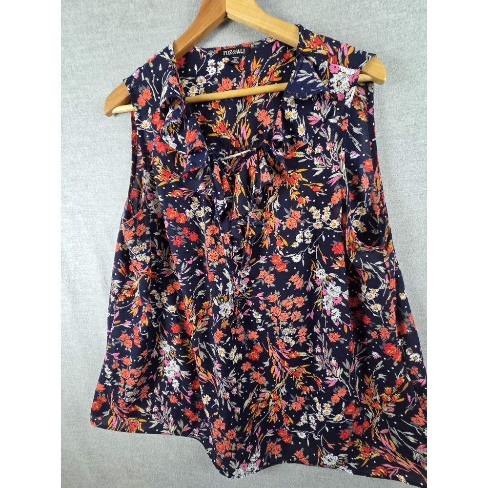 Roz & Ali Sleeveless Tank Top 2X Navy Pink Floral Flowy Career Cottagecore Boho‎